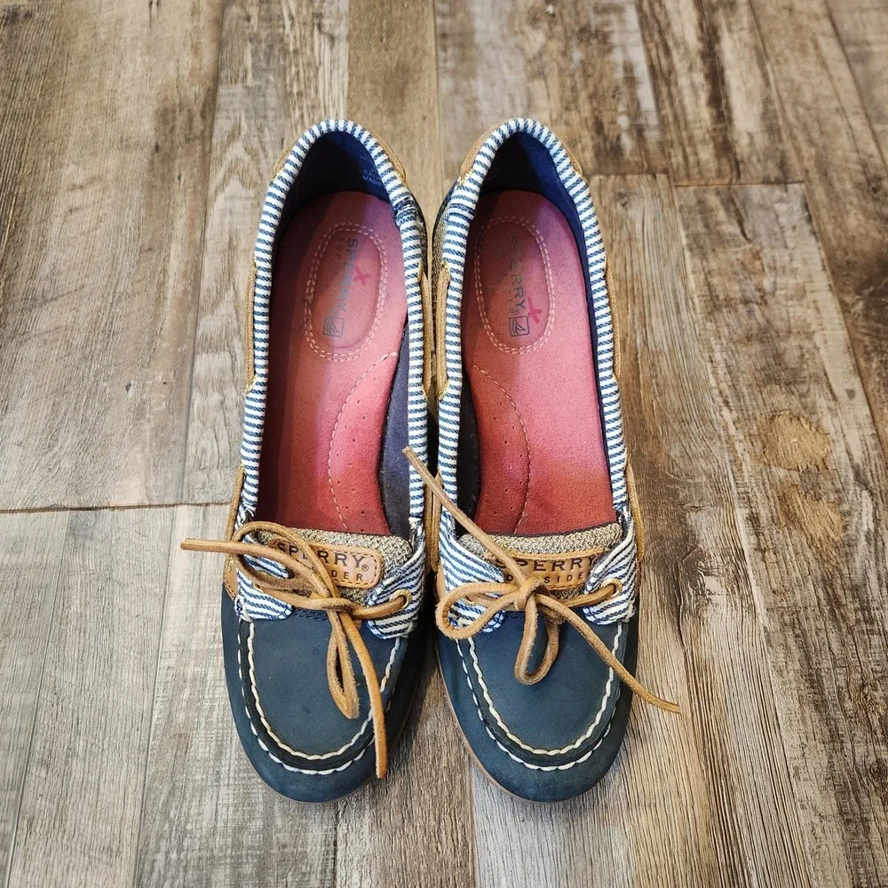 Sperry Top-Sider Womens Navy Blue Striped Leather Canvas Boat Shoe Wedge 7.5M